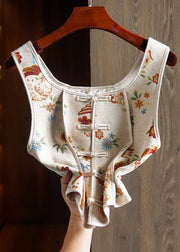 White Patchwork Cotton Vest Embroidered Chinese Button Sleeveless