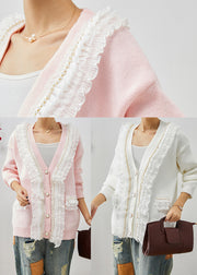 White Patchwork Knit Coats Ruffled V Neck Fall