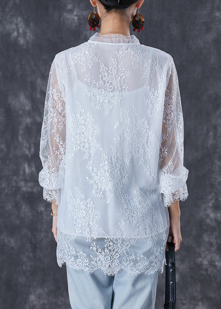 White Patchwork Lace Blouses Oversized Hollow Out Fall