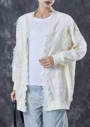 White Patchwork Lace Cardigan Oversized Nail Bead Spring