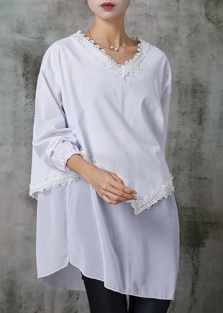 White Patchwork Lace Cotton Blouses Oversized Summer