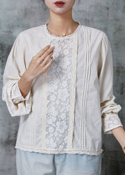 White Patchwork Lace Cotton Shirt Tops Wrinkled Spring