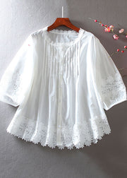 White Patchwork Lace Cotton Shirt Wrinkled Summer