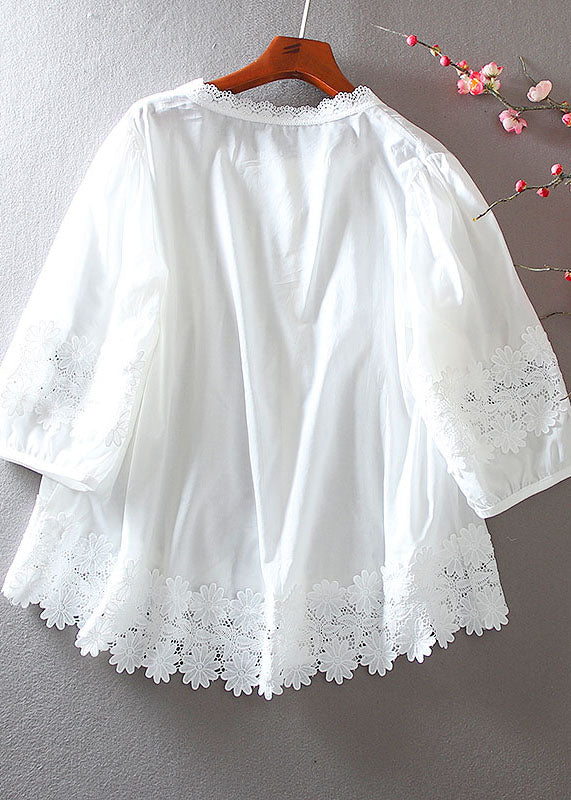 White Patchwork Lace Cotton Shirt Wrinkled Summer