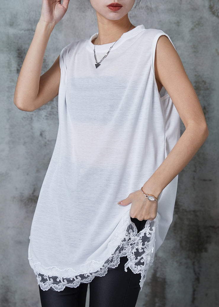 White Patchwork Lace Cotton Tank Tops Oversized Summer