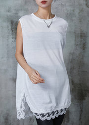White Patchwork Lace Cotton Tank Tops Oversized Summer