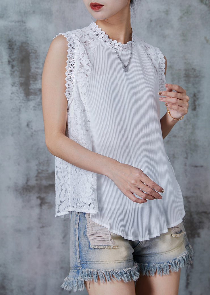 White Patchwork Lace Tank Wrinkled Sleeveless