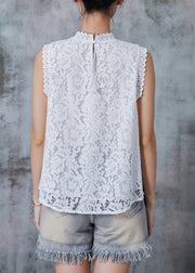 White Patchwork Lace Tank Wrinkled Sleeveless