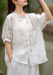 White Patchwork Linen Blouses Embroideried Button Summer