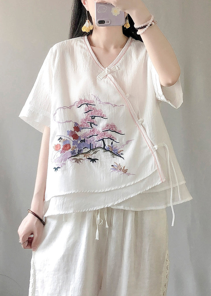 White Patchwork Linen Blouses Embroideried Chinese Button Summer