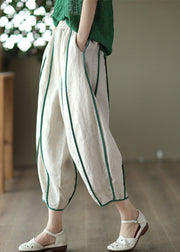 White Patchwork Linen Harem Pants Pockets Striped Summer