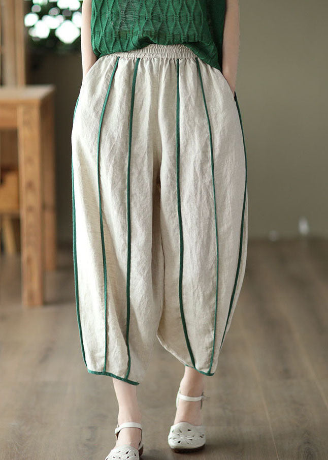 Yellow Patchwork Linen Harem Pants Pockets Striped Summer