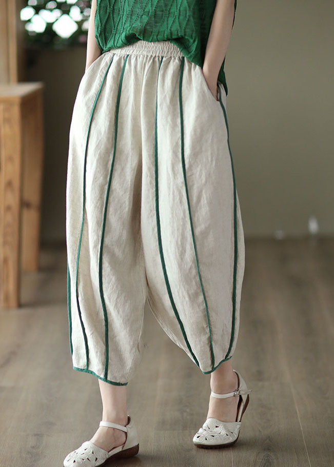 White Patchwork Linen Harem Pants Pockets Striped Summer