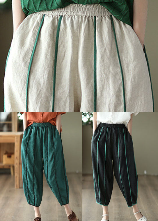 Orange Patchwork Linen Harem Pants Pockets Striped Summer