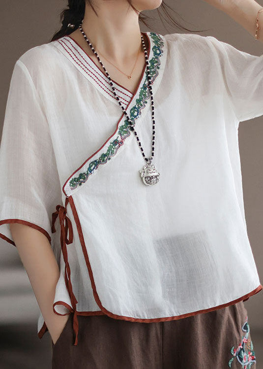 White Patchwork Linen Shirt Embroidered Lace Up Half Sleeve