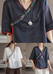 White Patchwork Linen Shirt Embroidered Lace Up Half Sleeve