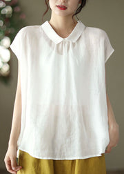 White Patchwork Linen Shirt Tops Peter Pan Collar Button Summer