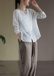 White Patchwork Linen Shirt Wrinkled Button Long Sleeve