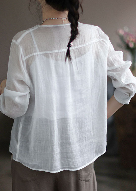 White Patchwork Linen Shirt Wrinkled Button Long Sleeve