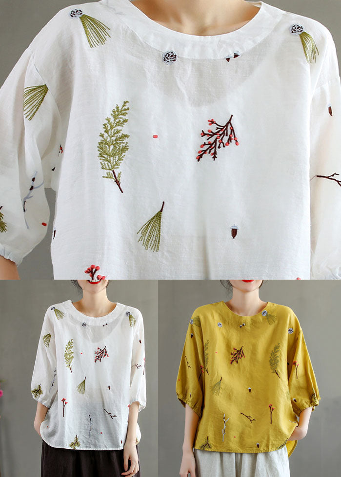 White Patchwork Linen T Shirt Tops Embroideried Lantern Sleeve