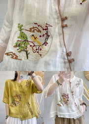 White Patchwork Linen Tops Embroidered Stand Collar Summer