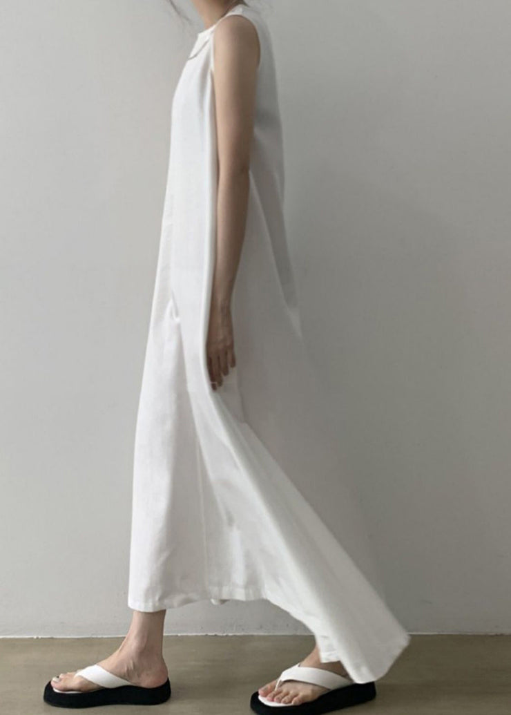 White Patchwork Loose Solid Long Dress Sleeveless