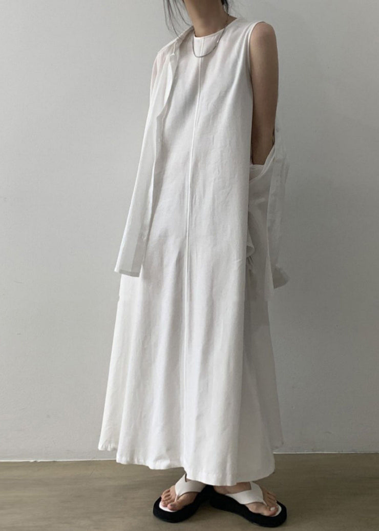 White Patchwork Loose Solid Long Dress Sleeveless