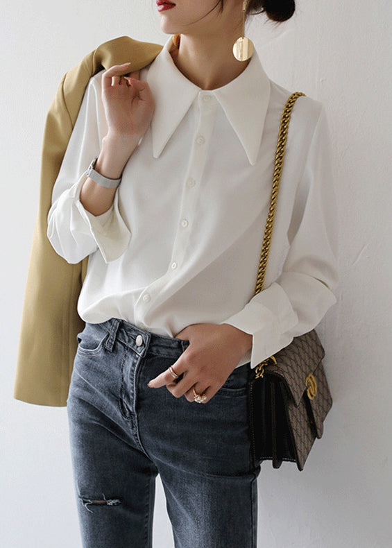 White Patchwork Shirt Tops Peter Pan Collar Fall