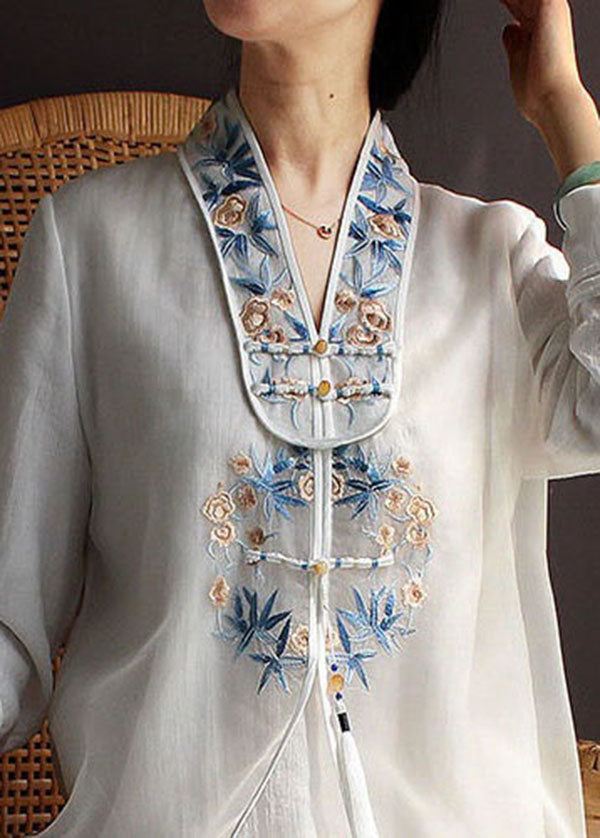 White Patchwork Silk Dress Tasseled Embroideried Spring