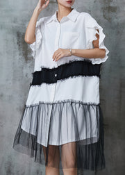 White Patchwork Tulle Cotton Shirt Dress Oversized Summer