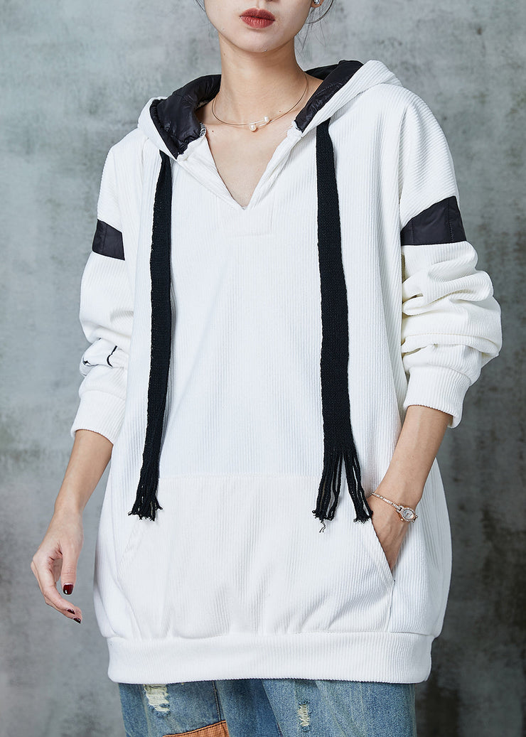 White Patchwork Warm Fleece Sweatshirts Top Oversized Drawstring Spring