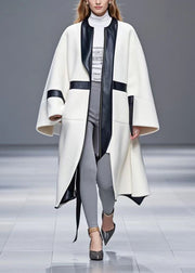 White Patchwork Woolen Coat Asymmetrical Design Fall