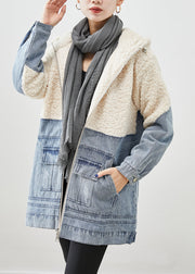 White Patchwork Woolen Fine Cotton Filled Puffers Jackets Hooded Winter