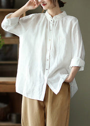 White Peter Pan Collar Button Linen Shirt Long Sleeve