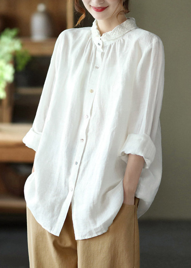 White Peter Pan Collar Button Linen Shirt Long Sleeve