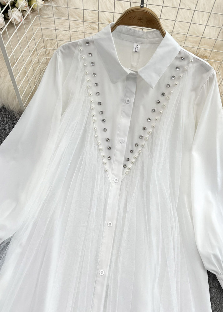 White Peter Pan Collar Nail Bead Tulle Shirts Long Sleeve