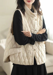 White Pockets Patchwork Cotton Filled Waistcoat Stand Collar Winter