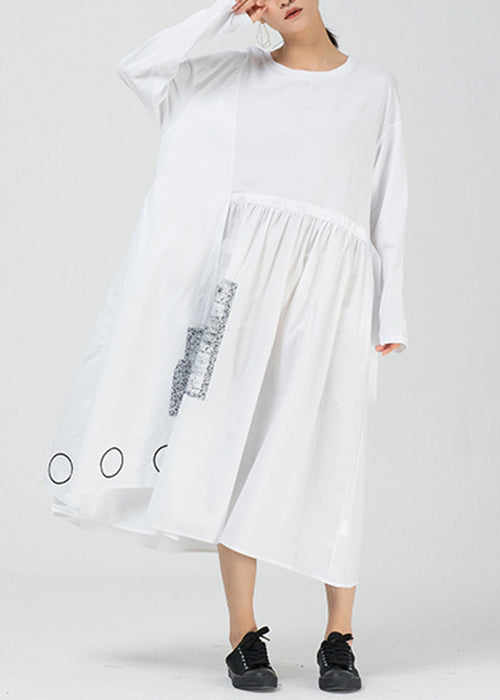 White Pockets Patchwork Cotton Long Dress O Neck Spring