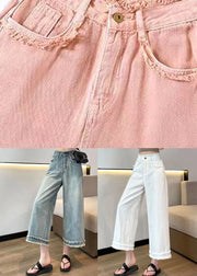 White Pockets Patchwork Denim Crop Pants Tasseled Spring