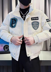 White Pockets Patchwork Winter Men Parka Stand Collar