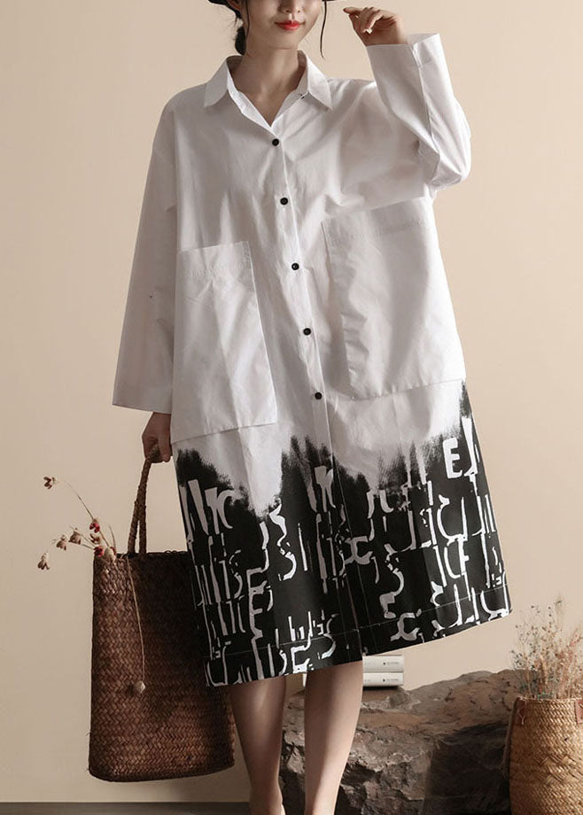 White Pockets Print Cotton Shirts Coat Peter Pan Collar Spring