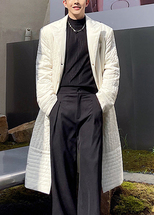 White Pockets Solid Cotton Filled Men Long Coats Winter