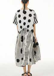 White Print Chiffon Dresses Asymmetrical V Neck Wrinkled Summer