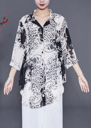 White Print Chiffon Shirt Top Oversized Bracelet Sleeve