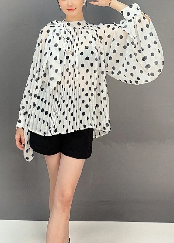 White Print Chiffon Shirts Lace Up Batwing Sleeve