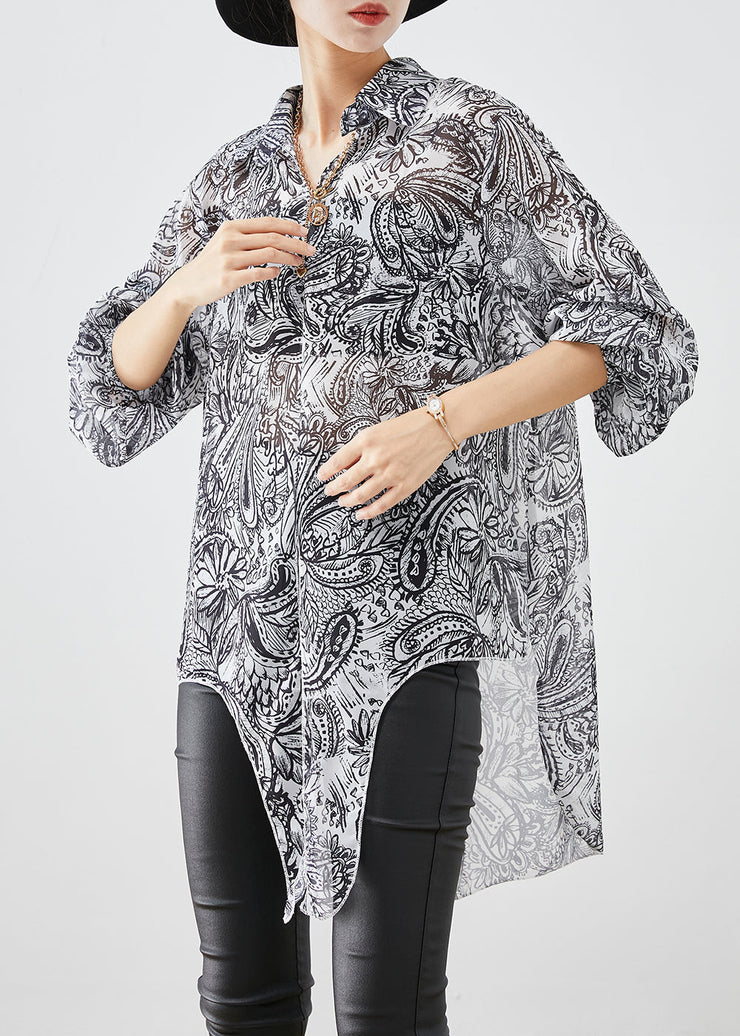 White Print Chiffon UPF 50+ Shirt Top Oversized Side Open Fall