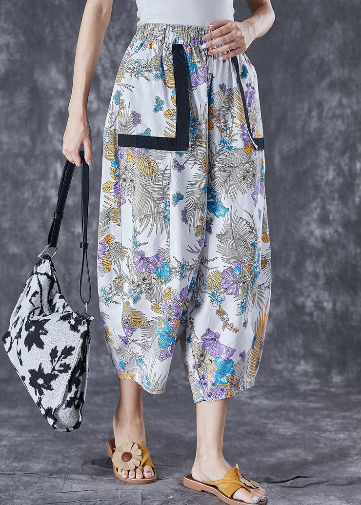 White Print Cotton Harem Pants Oversized Pockets Summer