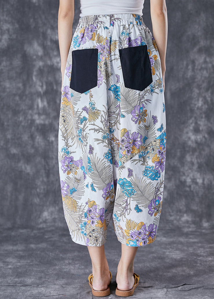 White Print Cotton Harem Pants Oversized Pockets Summer