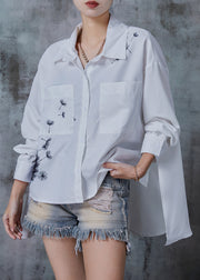 White Print Cotton Loose Shirt Top Low High Design Spring