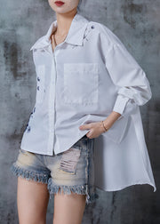 White Print Cotton Loose Shirt Top Low High Design Spring